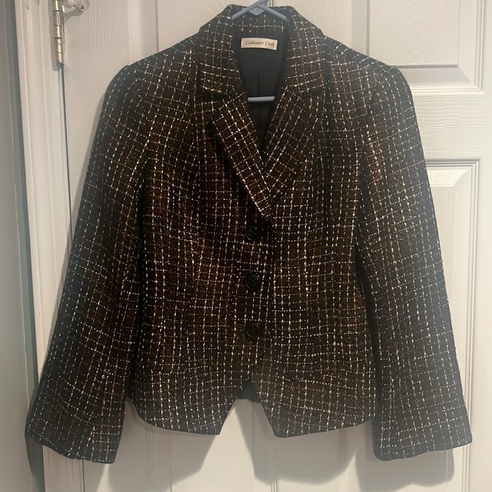 Coldwater Creek Ivory Brown and Gold Jacket size 6 Blazer button up